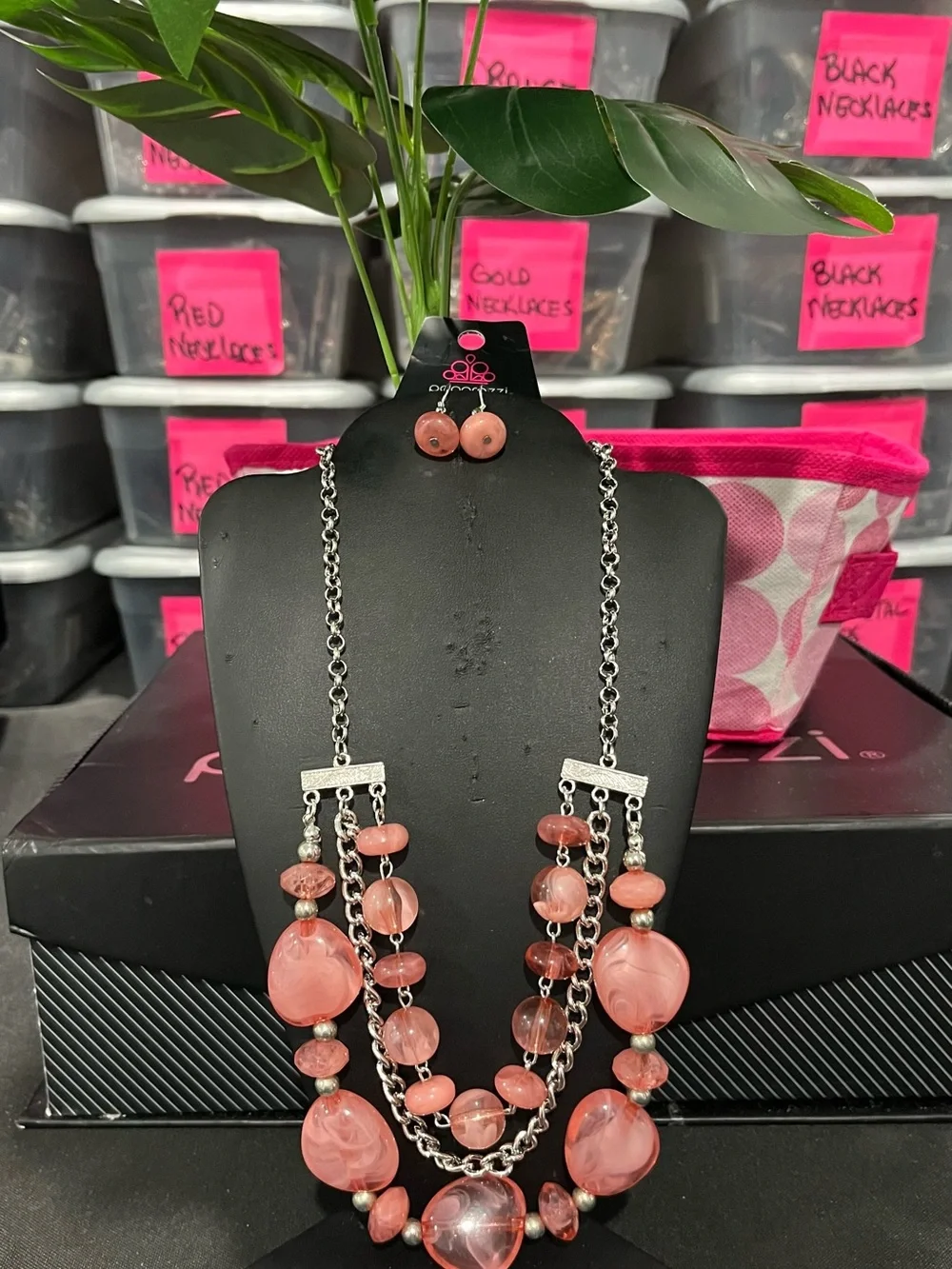 paparazzi Pink Multi-Strand Beaded Necklace with Matching Studs